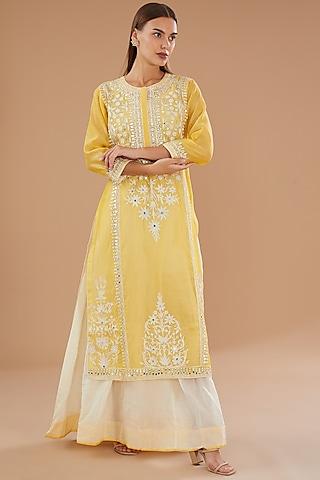 yellow chanderi & cotton mirror embroidered kurta set