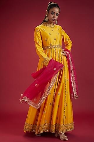 yellow chanderi & organza anarkali set