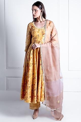 yellow chanderi & organza embroidered anarkali set