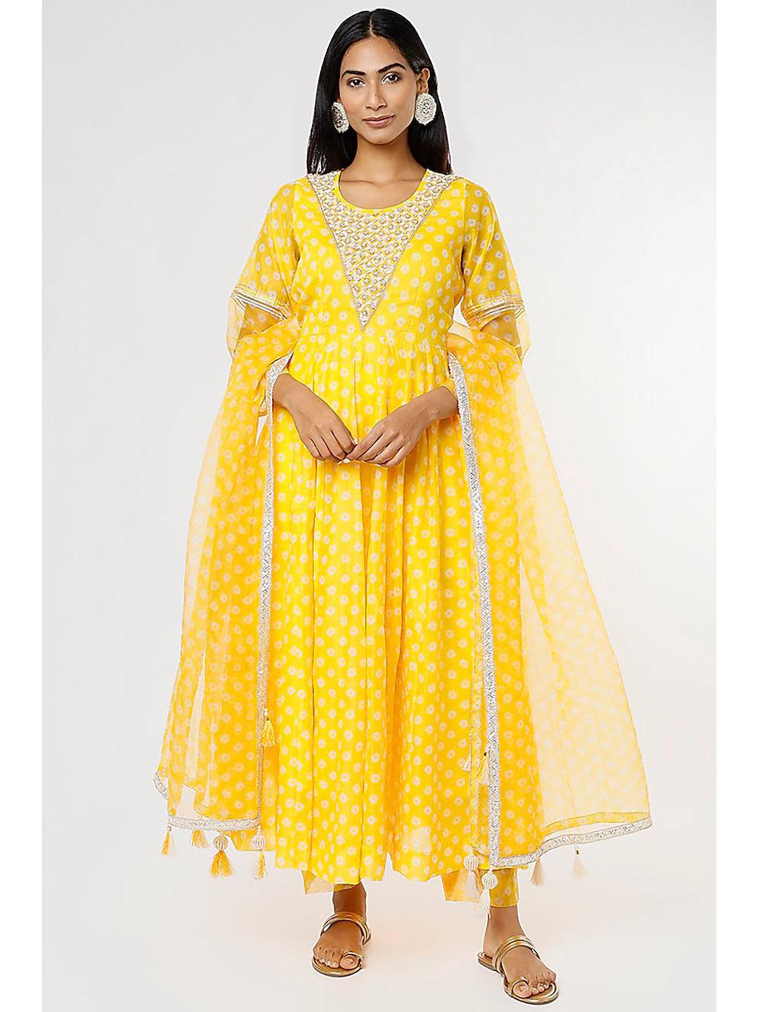 yellow chanderi anarkali (set of 3)