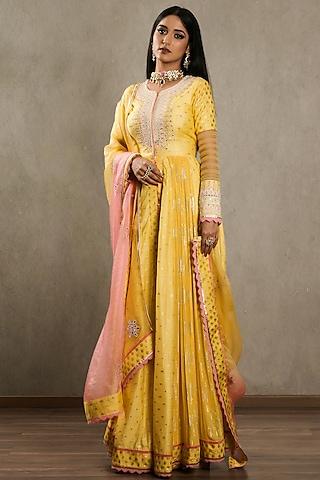 yellow chanderi brocade anarkali set