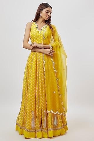 yellow chanderi digital printed & dabka embroidered lehenga set