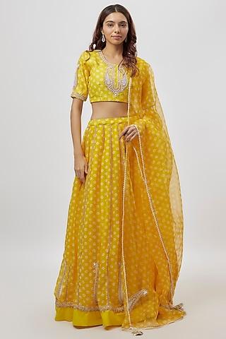 yellow chanderi digital printed & dabka embroidered lehenga set