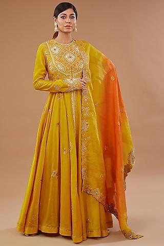 yellow chanderi dori embroidered anarkali set