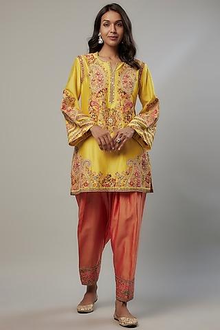 yellow chanderi dori embroidered kurta set
