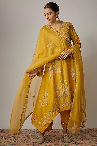 yellow chanderi dori embroidered kurta set