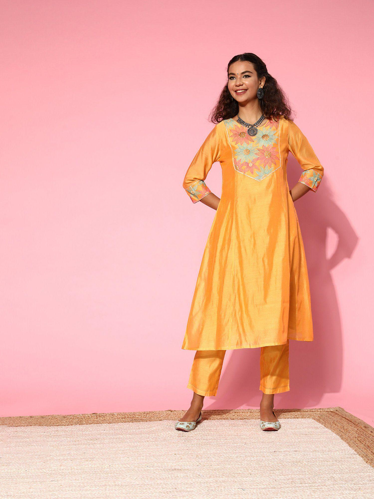 yellow chanderi embroidered a-line princess-cut kurta with pants (set of 2)