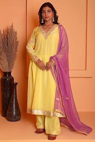 yellow chanderi embroidered anarkali set