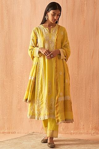 yellow chanderi embroidered anarkali set