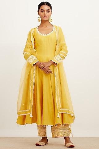 yellow chanderi embroidered anarkali set