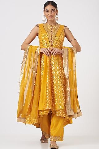 yellow chanderi embroidered anarkali set