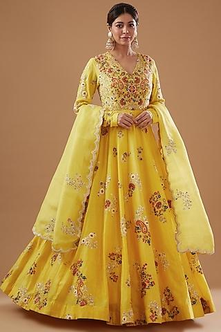 yellow chanderi embroidered anarkali set