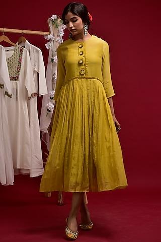 yellow chanderi embroidered dress
