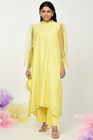 yellow chanderi embroidered high-low kurta set