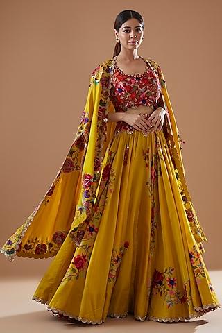 yellow chanderi embroidered jacket lehenga set