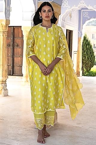 yellow chanderi embroidered kurta set