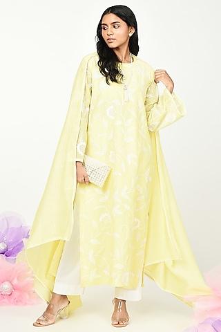 yellow chanderi embroidered kurta set