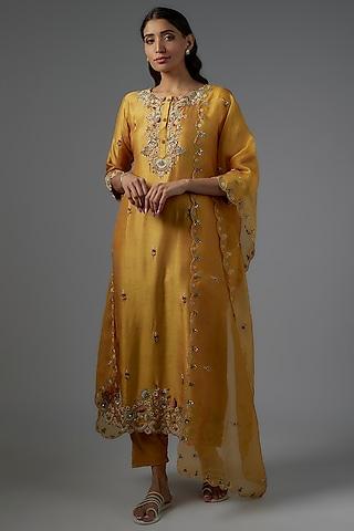 yellow chanderi embroidered kurta set