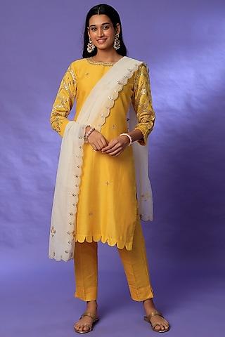 yellow chanderi embroidered kurta set