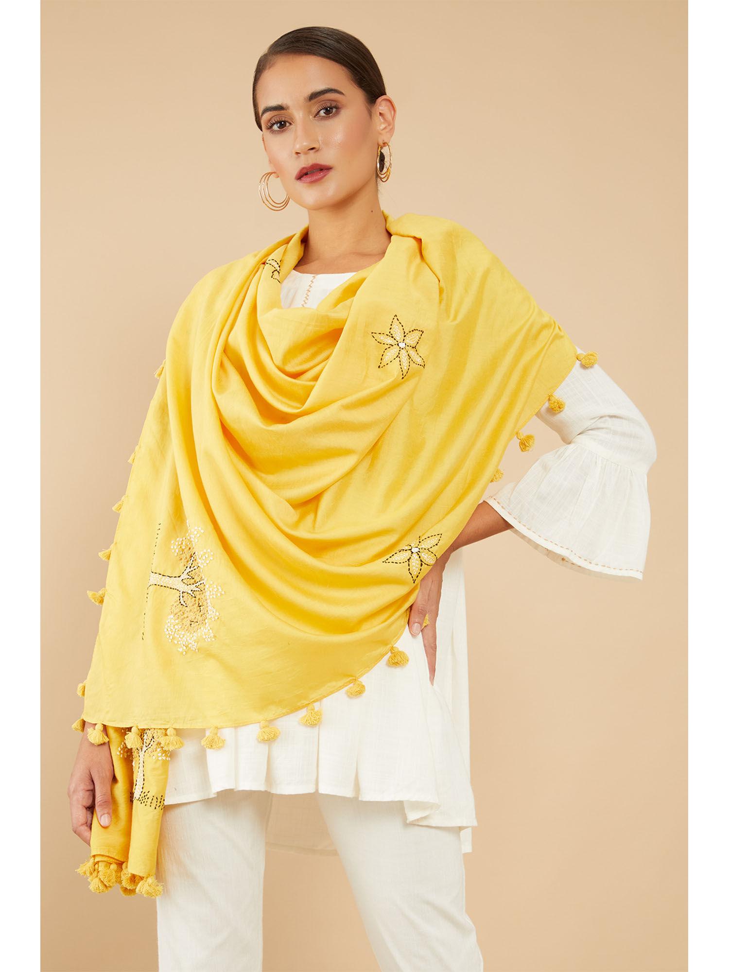 yellow chanderi embroidered stole