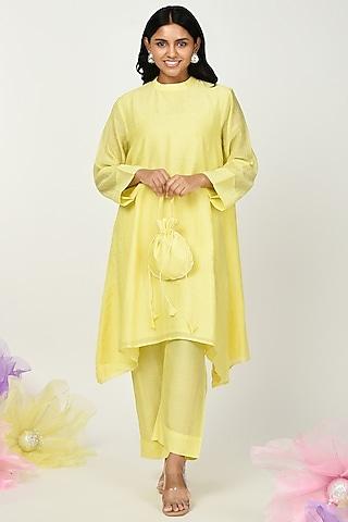 yellow chanderi embroidered tunic set