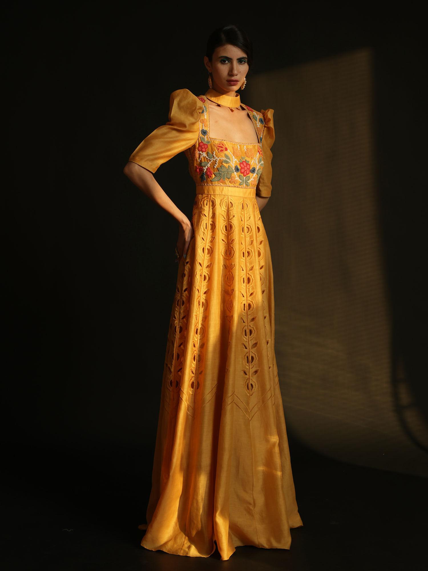 yellow chanderi embroidery maxi dress