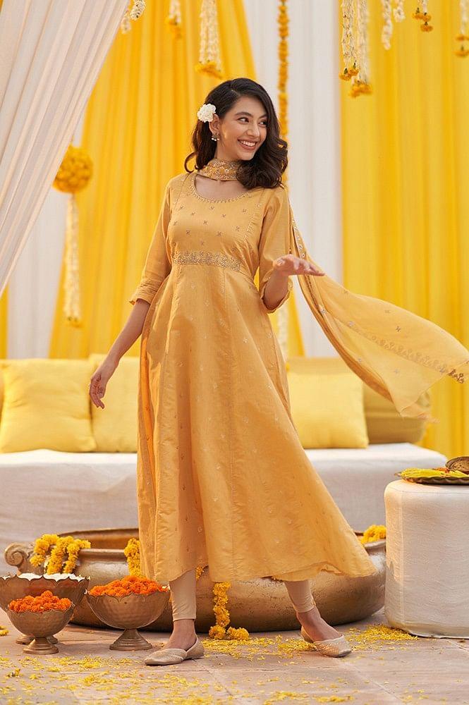 yellow chanderi festive dress and dupatta set
