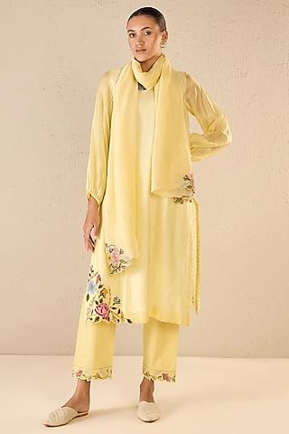 yellow chanderi floral embroidered kurta set