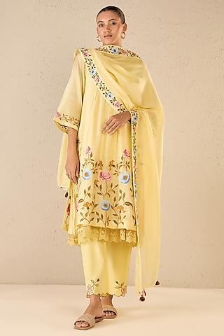 yellow chanderi floral embroidered kurta set