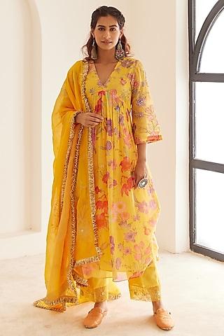 yellow chanderi floral printed & hand embroidered anarkali set