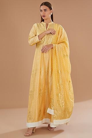 yellow chanderi gold foil printed anarkali set