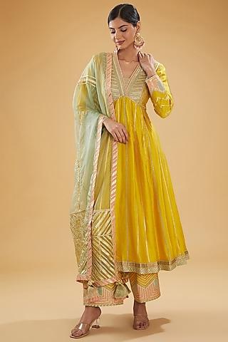 yellow chanderi gota embellished anarkali set