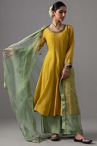 yellow chanderi hand embroidered anarkali set