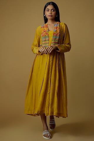 yellow chanderi hand embroidered jacket dress