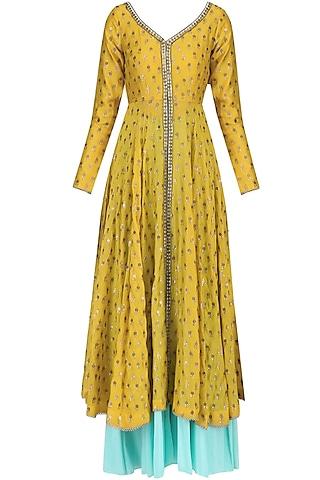 yellow chanderi kurta and aqua sharara pants set