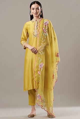 yellow chanderi kurta set