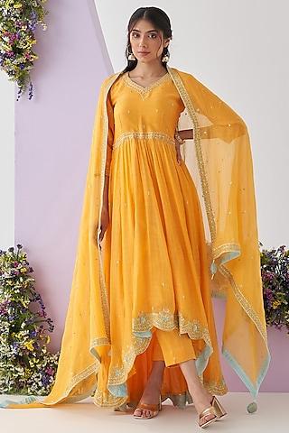 yellow chanderi mul embroidered anarkali set