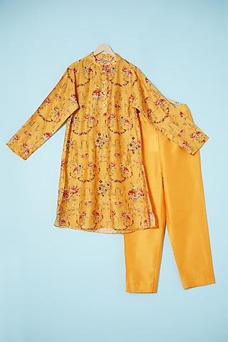 yellow chanderi printed & embroidered kurta for boys