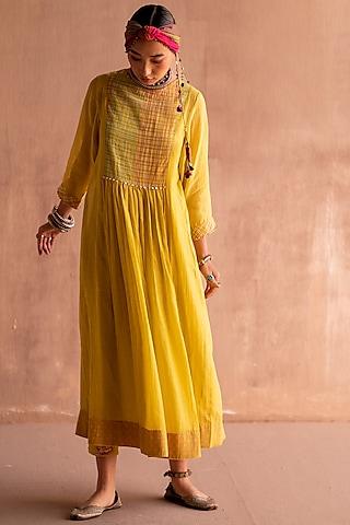 yellow chanderi printed & embroidered kurta set