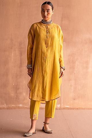 yellow chanderi printed & embroidered kurta set