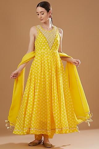 yellow chanderi printed anarkali set