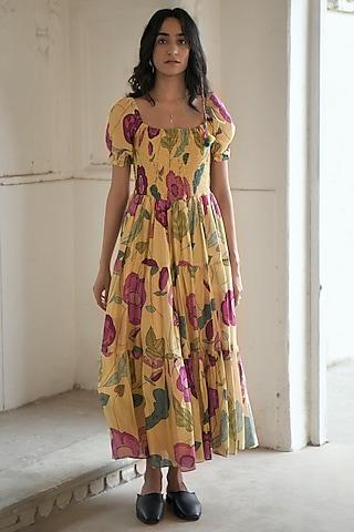 yellow chanderi printed dress