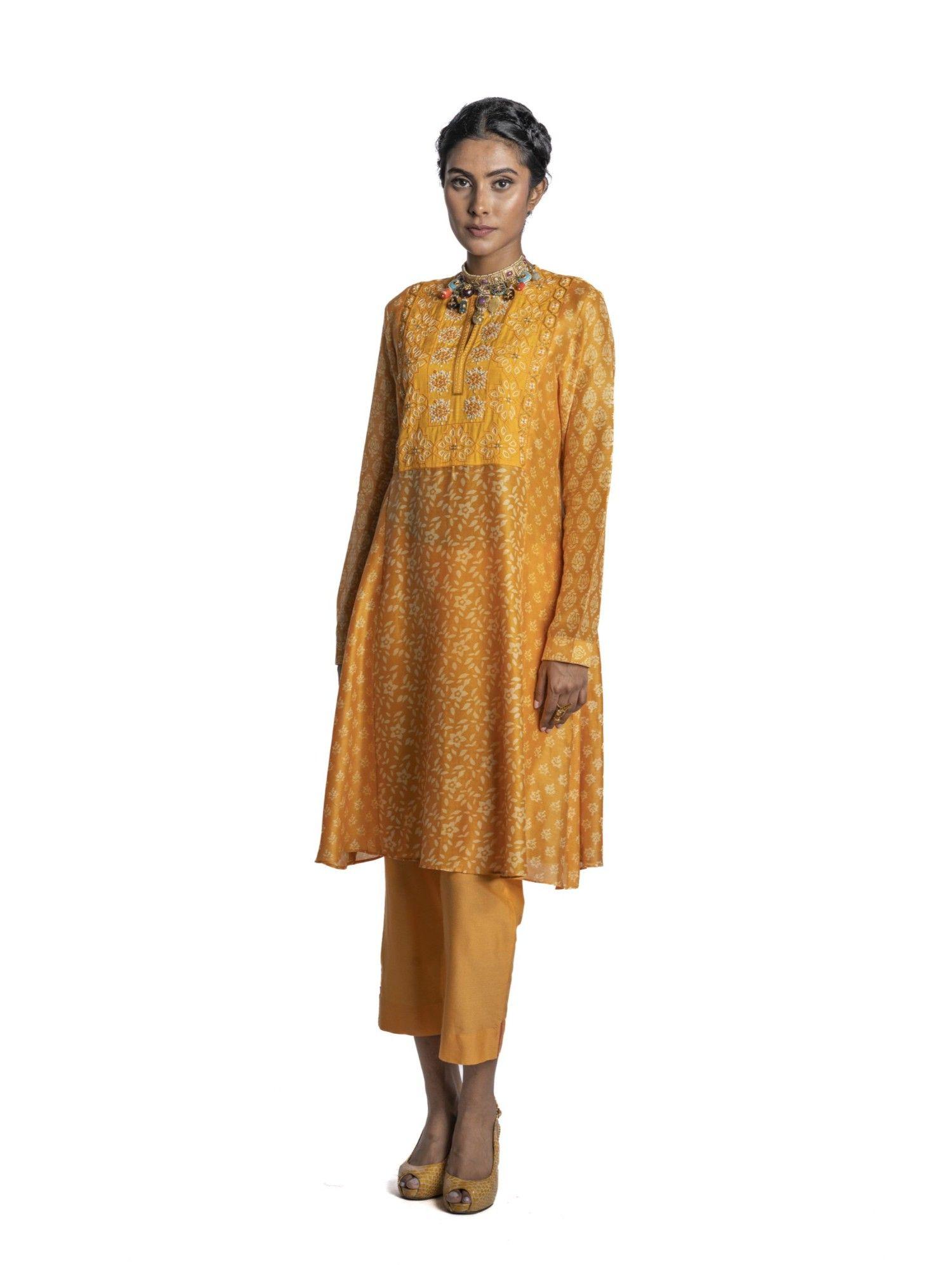 yellow chanderi printed kurta (set of 2)