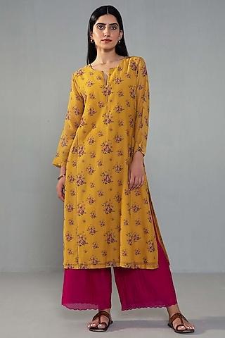 yellow chanderi printed kurta set