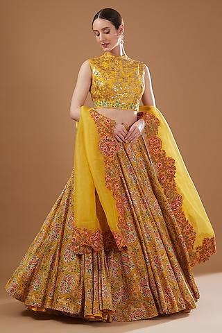 yellow chanderi printed lehenga set