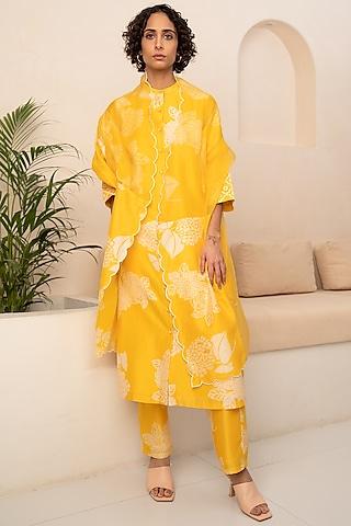 yellow chanderi printed tunic set