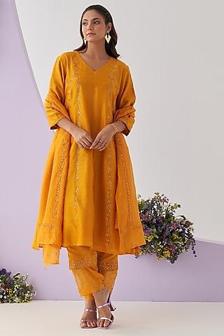 yellow chanderi resham embellished kurta set