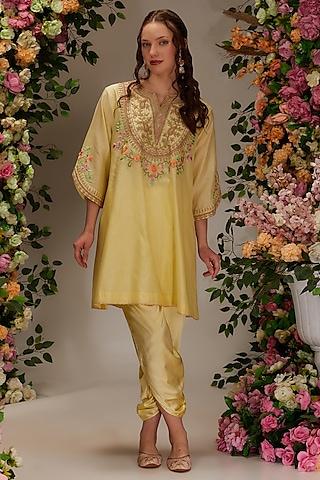 yellow chanderi resham embroidered kurta set