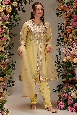 yellow chanderi resham work kurta set