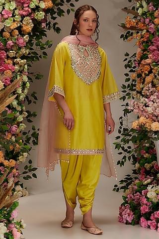 yellow chanderi sequins work a-line kurta set